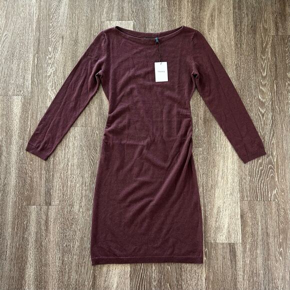 NWT Theory Boatneck Merlot 100% Cashmere Sweater Dress Sz Large Long Sleeve Midi - Picture 3 of 14